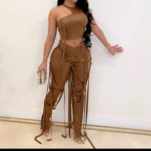 Leather Drawstring Lace Up Slit Leggings (Size:L)